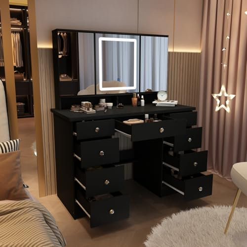 PREMTURE Schminktisch mit LED-Beleuchtung, Schminktisch mit 3 Spiegeln, 9 Schubladen, Schminktische, Frisiertisch versteckten Fächern, Großer Stauraum, MDF, 50 x 110 x 137 cm, Schwarz