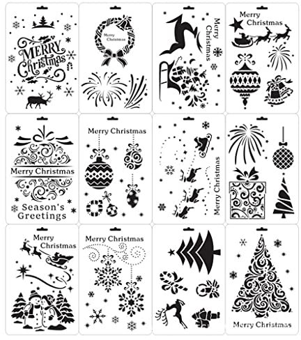 12 plantillas de dibujo de Navidad PET reutilizables para graffiti de 6.8 x 10 pulgadas para decoración del hogar, aula, pared y puerta