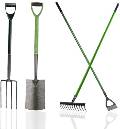 MEHRU Set of 4 Heavy Duty Garden Tools with Steel Handle, Carbon Steel Set of 4 Border Fork Border Spade Rake Dutch Hoe, Lawn Border Edger Edging Gardening Trimmer for Digging, Planting & Landscaping.