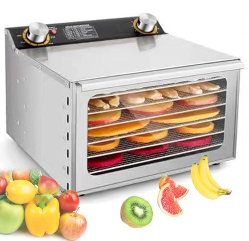 KHYTEBV Deshidratador de Alimentos de 6/8/12 Capas - Secador de Alimentos con Temperatura Ajustable de 30 a 90 °C y Temporizador de 12 Horas, Carcasa de Acero Inoxidable, Ventana Visible, 6