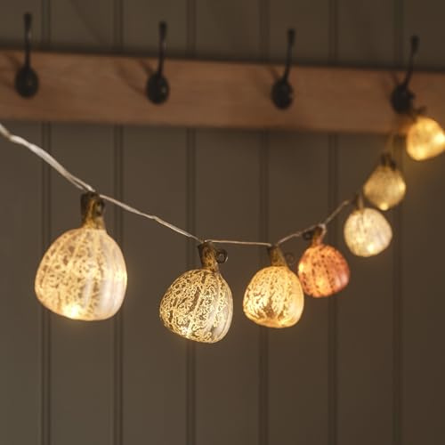 Lights4fun 1.85m Glass Pumpkin String Lights with 10 Mercury Matte Pumpkins in Autumn Tones, Warm White Micro LEDs, Battery Operated with 6 Hour Timer, Elegant Autumn and Halloween Indoor Décor