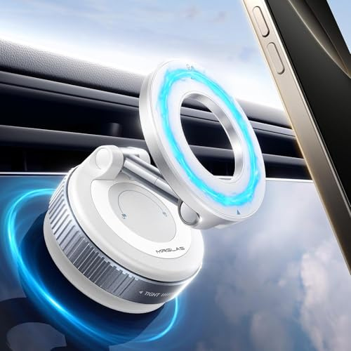 MRGLAS 2025 Upgraded Vacuum Magnetic Mobile Phone Holder Car for Magsafe Car Mount, Suction Cup Mobile Phone Holder [89+LBS Suction Power & 2800gf Strongest Magnet], 360° Rotatable for Mirror/Gym
