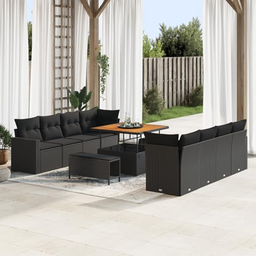 Rantry 11-teiliges Garten-Sofa-Set mit Kissen Schwarz Poly-Rattan Akazie, 3-teiliges Garten-Dining-Set mit Kissen Schwarz Poly-Rattan Akazie Gartenlounge Model3361594