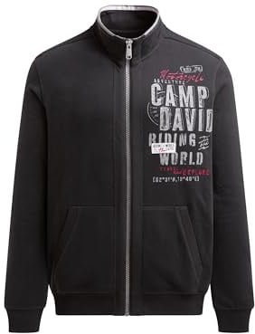 Camp David Herren Sweatjacke mit Pikee-Tapes und Artwork Black, XXXL