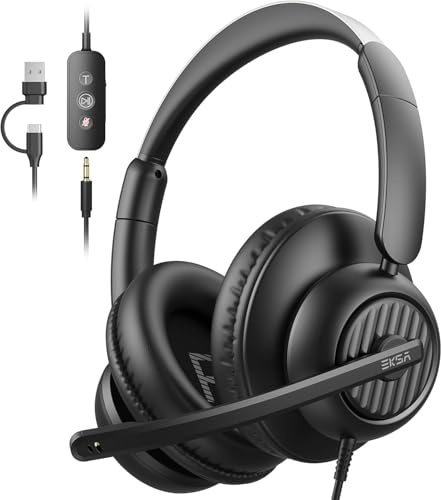 EKSA H8 Cuffie Per Pc Con Microfono, Cuffie Stereo Usb Con Cavo, Cuffie Con Cancellazione Del Rumore, Cuffie Usb-C/Usb-A E Jack Da 3,5 Mm, Cuffie Over-Ear Per Laptop/Ufficio/Call Center/Team