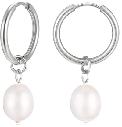 KIM JOHANSON® Edelstahl Damen Perlenohrringe *Malia* in Silber | Creolen mit echten Perlen | Boho Schmuck für Frauen | Wasserfeste Ohrringe hängend | Multi Layer Kreolen | Inkl. Schmuckbeutel