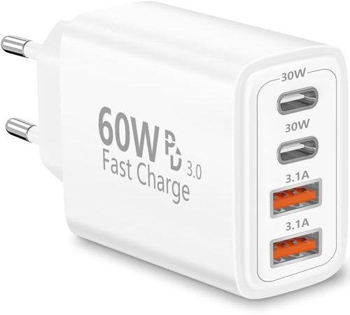 Rombica Chargeur USB C, 60W 4-Ports Prise Chargeur Rapide USB C Adaptateur | Multiple Double PD+QC 3.1A Type C Secteur pour iPhone 17 17 Pro Max 16 Pro 15 14 13 12 11 XS XR, Samsung Galaxy S26 S25, iPad