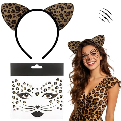 GTJEOI 2 Stück Leopard Kostüm Damen Set, Leoparden Ohren Haarreif, Leopard Gesichtstattoo, Tier Outfit Damen Mädchen für Karneval Fasching Mottoparty