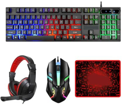 LALAFINA Ensemble Clavier et Souris de Jeu Filaire Rétroéclairage LED 3 Couleurs Tapis de Souris pour PC Casque Gaming Intégré Taille Compacte pour Bureau et Gaming