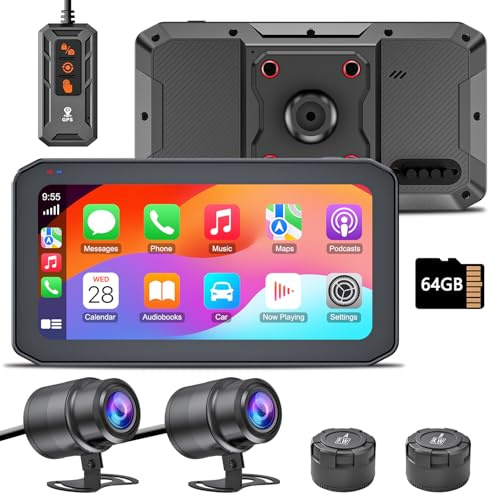 IXROAD 2K Dashcam Motorrad mit CarPlay Android Auto Navi, IP67 Motorrad Kamera vorne und hinten, 6,25 1000nit Touchscreen mit GPS, TPMS, Fernbedienung, inkl. 64GB TF-Karte