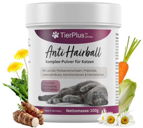 TierPlus® Anti Hairball Komplex Pulver für Katzen – Fördert das Auflösen & die Ausscheidung von Haarballen auf natürliche Art & Weise, 100g Dose, hochdosiert & mit Sofort Effekt