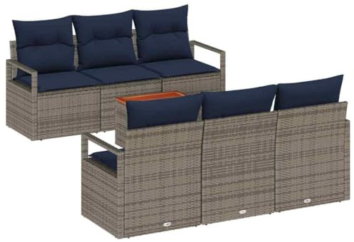 vidaXL Gartensofa-Set mit Kissen 7 pcs Grau Poly-Rattan, Modernes, Robustes, modulares Garten-Set, Sofa für die Terrasse, leichte, UV-beständige Möbel zum Entspannen
