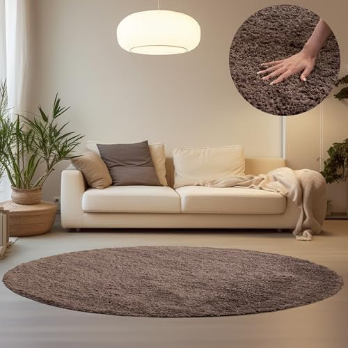 HomebyHome Teppich Rund Hochflor 160 cm Rund - Shaggy Runder Teppich Wohnzimmer Taupe Extra Weich und Flauschig - Waschbarer Langflor Teppiche für Schlafzimmer, Küche, Flur - Carpet, Halı, Kilim