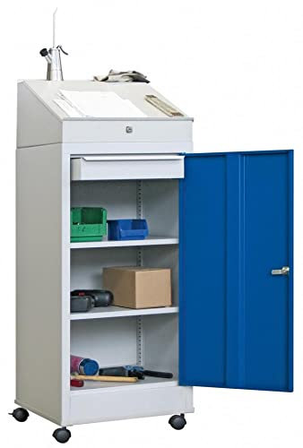 Stehpult fahrbar, BxTxH 500x500x1000/1330 mm, 2 Böden, 1 Schublade, Gehäuse RAL 7035 lichtgrau , Front RAL 5010 enzianblau