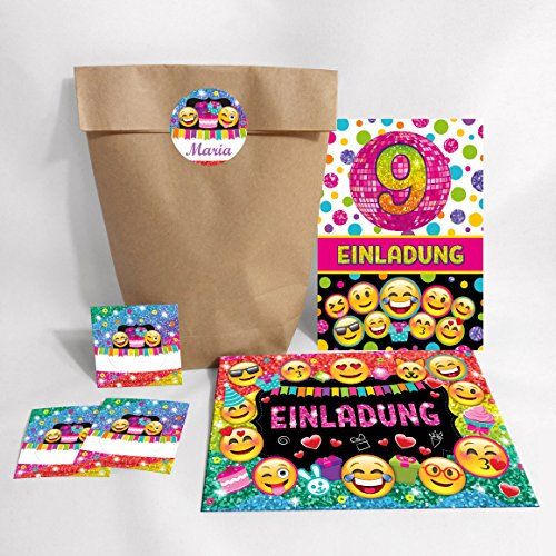 12-er Set Einladungskarten, Umschläge, Geschenktüten, Aufkleber zum 9. Kindergeburtstag für Mädchen/Einladung neunte Geburtstag
