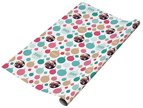 Herz & Heim® Foto Geschenkpapier zu Weihnachten mit Ihren Lieblingsfoto in Christbaumkugel, Wunschnamen und Wunschtext bedruckt