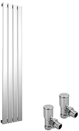 ELEGANT 1600 x 300 mm Vertical Column Designer Radiators Chrome Single Flat Panel Modern Bathroom Central Heating Rad Tall Upright Radiator with Valves 15 mm