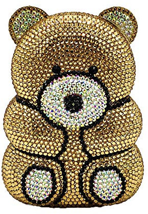 Brown Bear Evening Bags and Clutches for Women Formal Party Cocktail Rhinestone Minaudiere Animal Purse Handbag (Mini,Gold)
