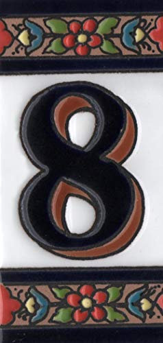 Hausnummern, Keramik, Zahlen und Buchstaben, Fliesen, Rot, Blau und Grün, Blumenmuster, Größe: 11 cm x 5,5 cm (Zahl 8)