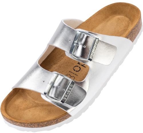 Palado Pantoletten Damen Korfu Metallic - gefertigt in Spanien - edles Metallic-Design - Veloursleder-Decksohle - ergonomisches Weichfußbett - EVA-Sohle Silber UK6 - EU39