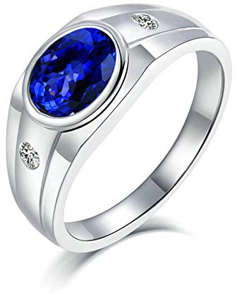Beydodo Ehering Weißgold 750 Bandring mit Oval Tansanit 2ct, Verlobungsring Herren Ring Weißgold Diamant Echt Schmuck Große 66 (21.0)