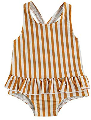 Carolilly Maillot de Bain Une Pièces Bébé Fille Maillot de Natation Imprimé Léopard sans Manche Combinaison de Piscine Plage Bikini Swimwear (Rayures Jaunes, 12-18 Mois, 90)