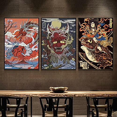 VVBGL Drachen und Monster Leinwand Bild Retro Japanisch Ukiyo-E Wand Bilder Abstrakte Poster Kunstdruck Modernen Stil Zimmer Wanddekor Bild 40x60cmx3 Kein Rahmen