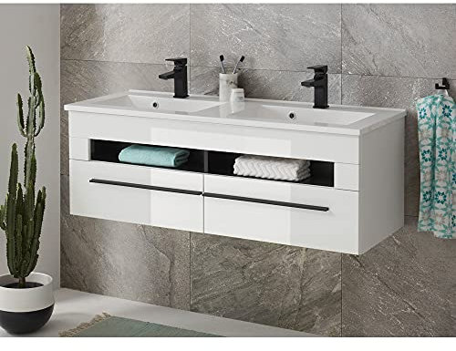 Lomadox Doppelwaschtisch 120 cm inkl. Mineralguss Waschbecken in Hochglanz weiß, B/H/T: ca. 120/43/45 cm