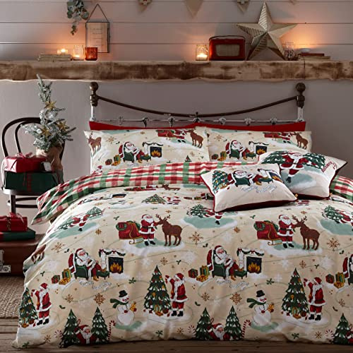 furn. Jolly Santa Bettwäsche Set (Mehrfarbig – Kingsize) | Wendbare Bettwäsche mit Weihnachtsmann- und Karomuster aus pflegeleichtem Polycotton
