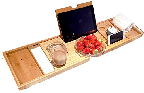 Samnuerly Luxus-Badewannenablage, 1-2 Erwachsene, erweiterbare Badewannenablage, Premium-Luxus-Tablett-Organizer, für Telefon, Weinglas, Buchhalter aus Holz
