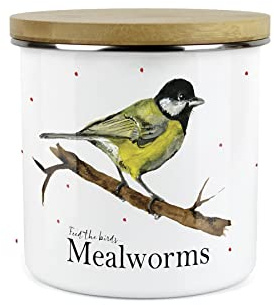 Purely Home Feed the Birds Range Mealworms Storage Canister by Rhiannon Chauncey - White Metal Enamel Bird Food Storage Container