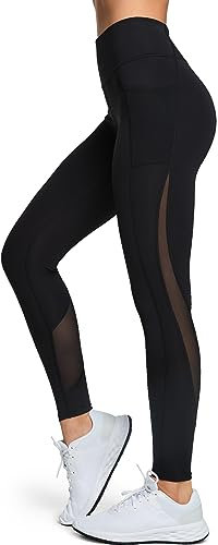 Yvette Leggings für Frauen mit Taschen, Butt Lift, hohe Taille, Bauchkontrolle, butterweich, Netzstoff-Einsatz, Workout, Laufen, Schwarz, S