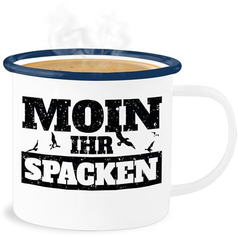 Shirtracer Emaille Becher Blechbecher - Statement - Moin ihr Spacken - schwarz - 300 ml - Weiß Blau - statements