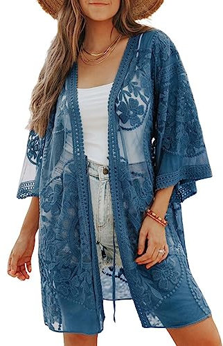 Bsubseach Bathing Suit Cover Ups for Womens Lace Kimono Summer Cardigan Swimsuit Coverup Short Beach Dusters Dark Blue