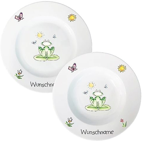 Speiseservice 2-tlg. Kinder Geschirr Porzellan Frosch Speiseteller & Suppenteller Set personalisierbar mit Wunschname Name Kindergeschirr mit Namen personalisiert