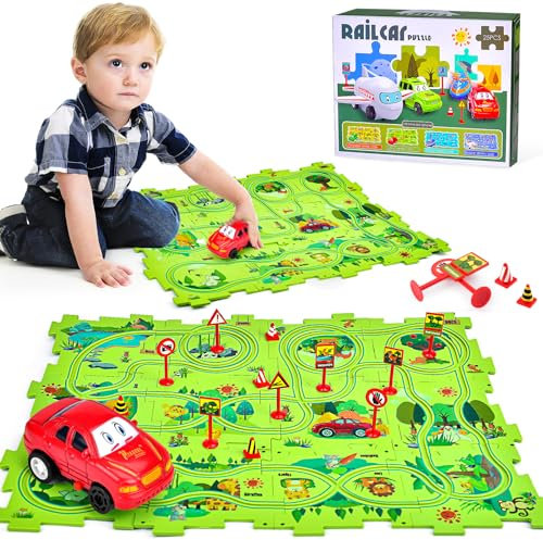 Yizemay Car Track Toys for 3 Year Old Boys Gifts, Toy Cars for Kids Age 3 4 5 Race Track, 25 PCS Puzzle Racer Kids Car Track Set, Rail Car Building Montessori Toys Boys Birthday Gifts