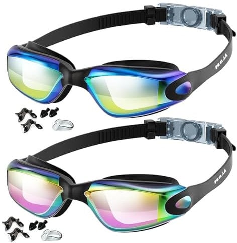 NASK Swimming Goggles, Adjustable 2 Pack Swim Goggles for Adults Men Women & 10+ Age Kids Swimming Goggles with Nose Clip & Earplugs, Anti-Fog Clear Vision UV Resist Mirrored Lens Non-Leaking Goggles