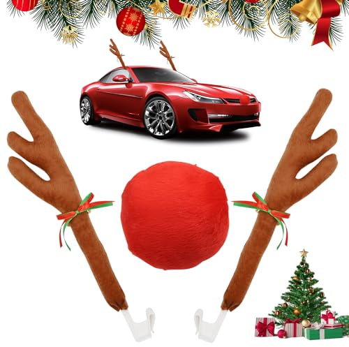Fosoloni Rentier Auto Deko Weihnachten, Geweih Kostüm für Auto, Weihnachtendeko mit Geweih, Weihnachtsschmuck