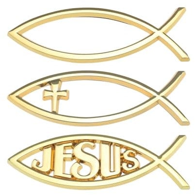 eMagTech 3 Stück 3D Jesus Fisch Aufkleber 3 Stile christliches Kreuz Fisch-Emblem Metalloptik Aufkleber für Autofenster Laptops Gepäck Kühlschrank 140 x 45 x 6 mm, Golden