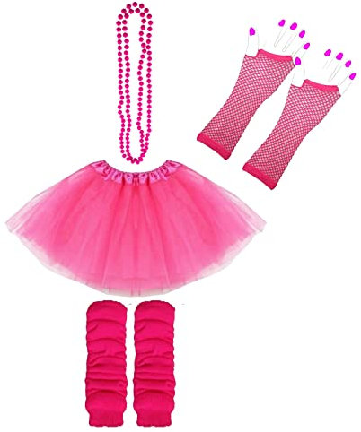 Lizzy 4pc Neon Pink Leg Warmers + Fishnet Gloves + 3Layer Tutu + Beads Necklace | Girls 80s Neon Fancy Dress Dance Ware Hen Party Tutu Accessory