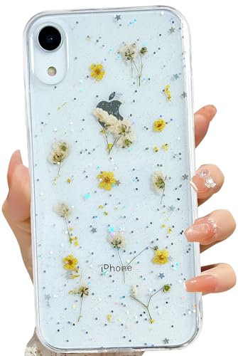 LSEEKA for iPhone XR Clear Case with Pressed Real Flowers Design,Glitter Cute Yellow Floral Pattern Slim Soft TPU Protective Women Girl's Phone Cover for iPhone XR