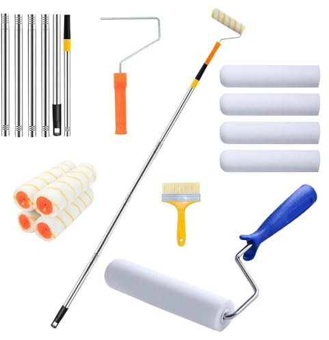 LUFEIS Farbroller mit Teleskopstange, 17Pcs Farbwalzen Set, Multifunktions Paint Roller Kit, Teleskopstab 30-200cm, Farbwalze mit Teleskopstange für Wandfarbe und Fassadenfarbe, Verlängerungsstab