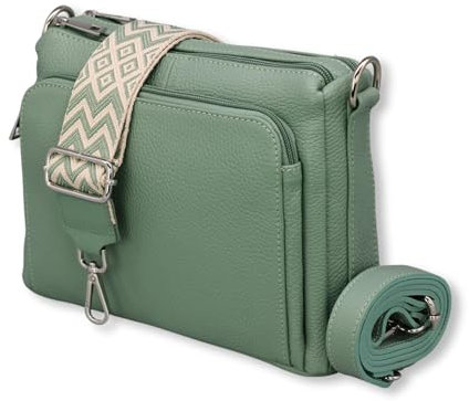 ADEL Umhängetasche Damen Echtes Leder Becky Handgemachte Crossbody Bag 5 Fächer Schultertasche mit Ledergurt + Breitem Gemustertem Riemen Verstellbarer Gurt Made in Italy (Mintgrün)