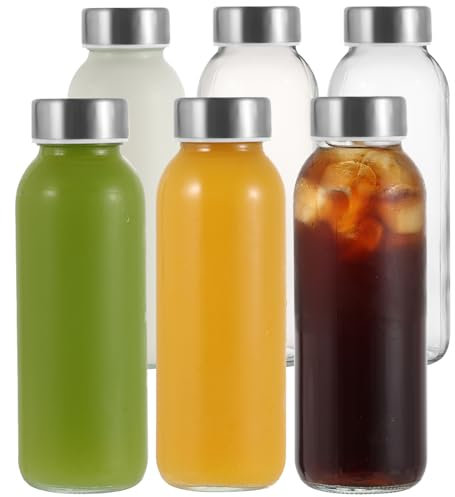 LIMILI Glass Bottles with Lids, 6 Pack 300ml Water Bottles with Stainless Steel Lids, Leak Proof Reusable for Hot Cold Drinks Work Gym Home