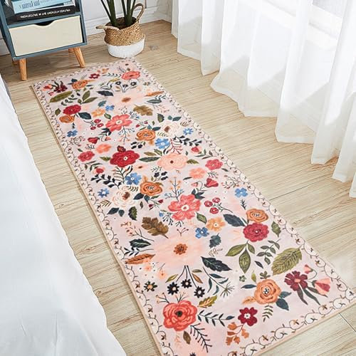 D-buy 2×6 Ft Door Mat Indoor Entrance Rug Machine Washable Boho Floral, Foldable Area Rug Non-Slip Low Pile Flower Rugs for Entryway, Kitchen, Front Door Indoor Entrance, Entry, Kids Bedroom Beige