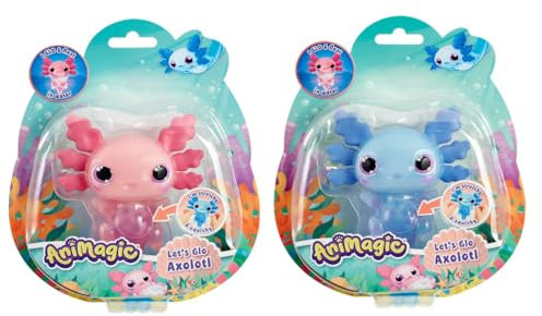 Animagic - Set 1 Rosa Axolotl + 1 Blauer Axolotl - Elektronisches & Leuchtendes Haustier - für Kinder ab 4 Jahren - Sensorisches & Taktisches Spiel - Dehnbarer Körper - Schwimmt & Leuchtet im Wasser
