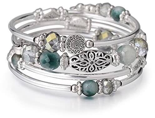 BULINLIN Pulsera Envolvente de Plata para Mujer Pulsera Multicapa de Cuentas de Plata Joyas Bohemio Cumpleaños Regalos para Madres(56-Green)