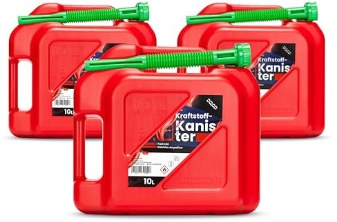 DQ-PP Bidon de carburant avec bec verseur flexible | 3 x 10 litres | Rouge | Jerrican de réserve | Homologation ONU