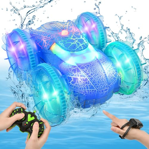 HOTUT Amphibienfahrzeug Ferngesteuertes Auto, 360° Drehbares Gestensensor Stunt RC mit Lichtern, 4WD Ferngesteuertes Spielzeugauto, Geschenke für 5+ Jahre Jungen Mädchen RC Auto Pool Strand Spielzeug