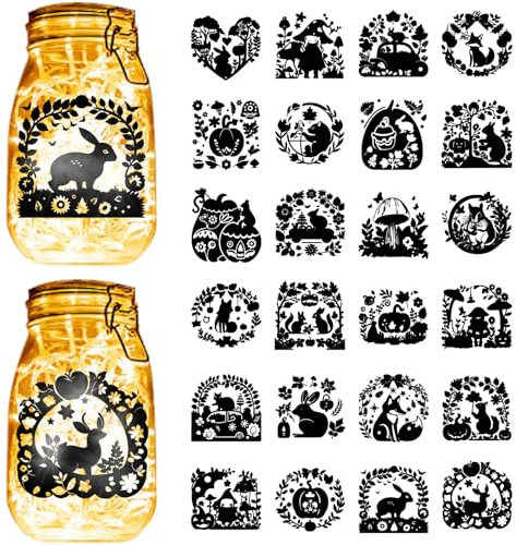CREATCABIN 24 Stück 24 Stile Halloween Kürbis Einmachglas Aufkleber Silhouetten Tiere Füchse Kaninchen Lasergeschnittene Papp Scrapbook Ausschnitte Wasserfeste Aufkleber Für Laternen Gläser 9x10cm